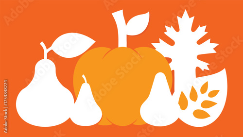 Vector art of a vibrant composition of white pears and orange pumpkin silhouettes on orange background, perfect for autumn and harvest themes