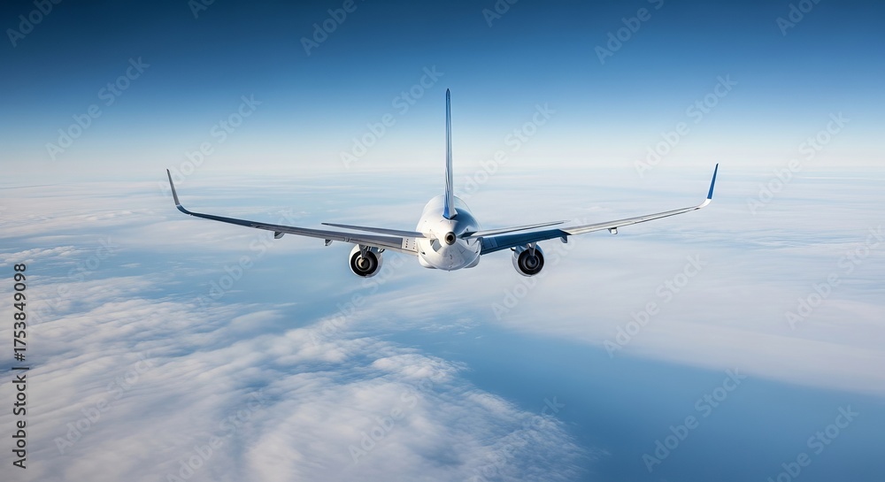 Obraz premium Airplane Tail View in Flight Against a Blue Sky Above Clouds Aviation Adventure Commercial Travel Aircraft Wing Modern Design Transportation Flying Above Clouds Airline Flight Deck