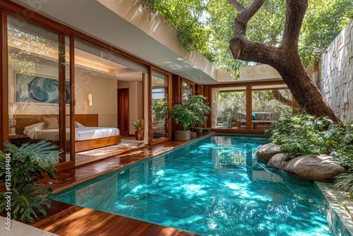 Wallpaper Mural Luxurious bedroom with pool view and wooden architecture, nature ambiance. Perfect for showcasing high-end vacation rentals and interior design inspiration. Torontodigital.ca