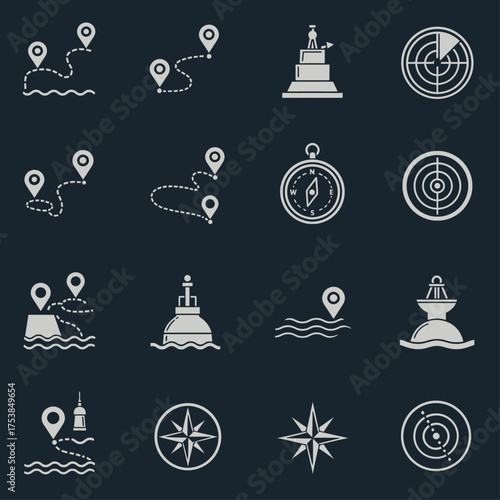 Duotone Nautical Navigation Icon Set with Anchors, Ropes, and Compass Symbols