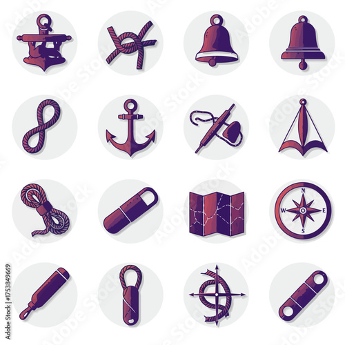 Duotone Nautical Navigation Icon Set with Anchors, Ropes, and Compass Symbols