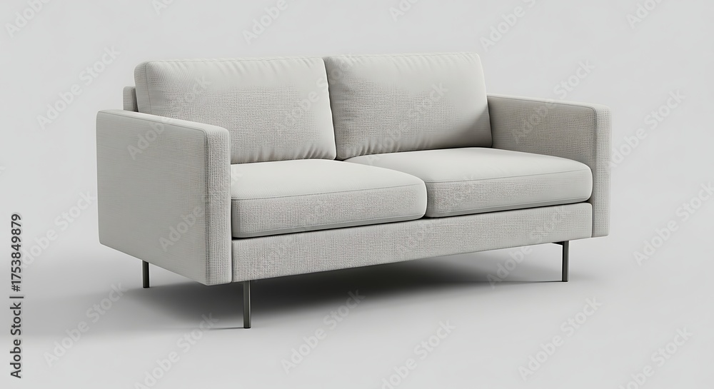 Fototapeta premium A modern, light-colored two-seater sofa with cushions, set against a plain white background.