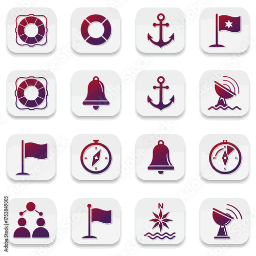 Duotone Nautical Navigation Icon Set with Anchors, Ropes, and Compass Symbols