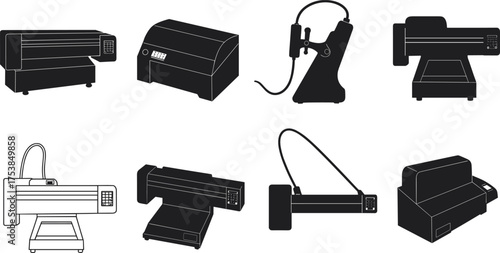 Black silhouette vector illustration of industrial and printing machines, 3D printer, laser cutter, plotter, engraving machine, isolated white background