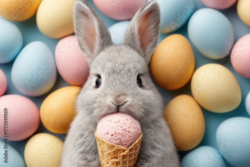 Gray bunny holding pink ice cream with colorful Easter eggs. Perfect for Easter promotions, spring cards, and joyful designs.
