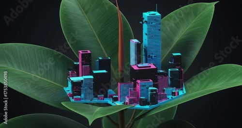 Futuristic cityscape emerging from lush green leaves