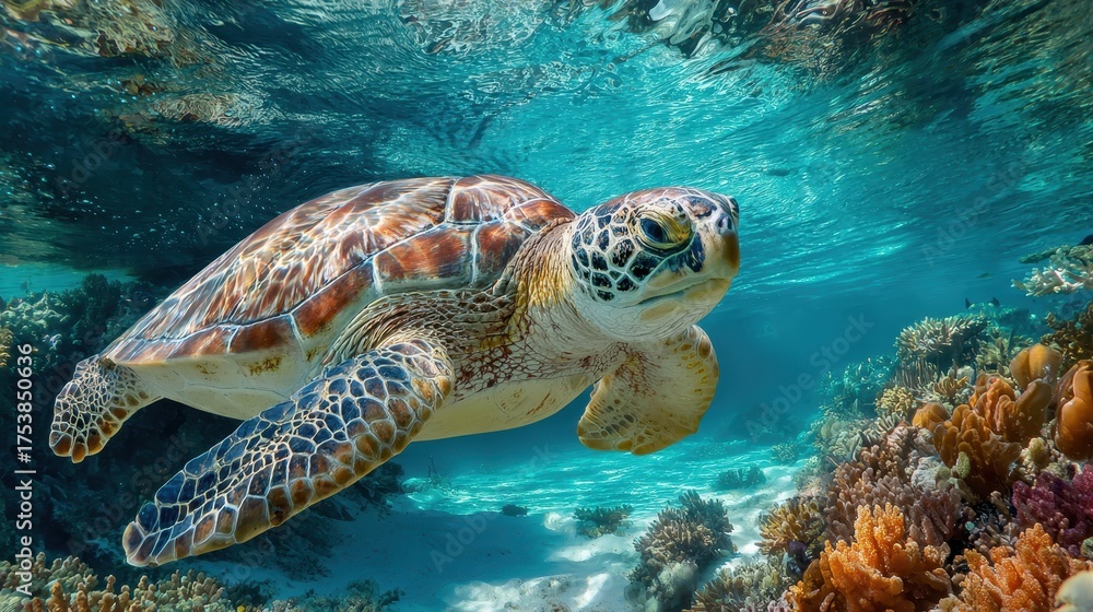 Fototapeta premium Green sea turtle swimming in clear blue ocean near coral reefs. Ideal for conservation campaigns, travel, or marine biology projects.