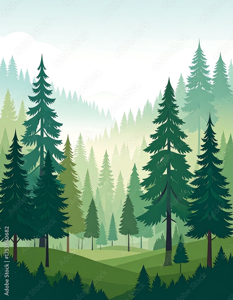 Fototapeta premium Serene Pine Forest Landscape with Misty Background and Green Hills.