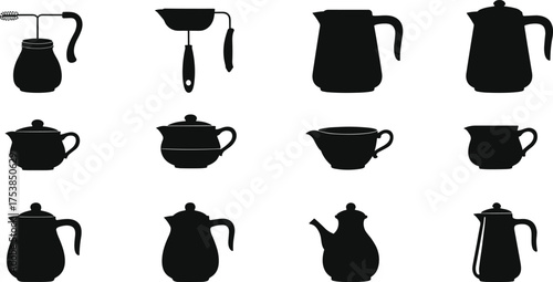 Coffee pot and teapot silhouette set, black vector illustration of kitchen utensils, drink containers, home appliance, minimalist design concept
