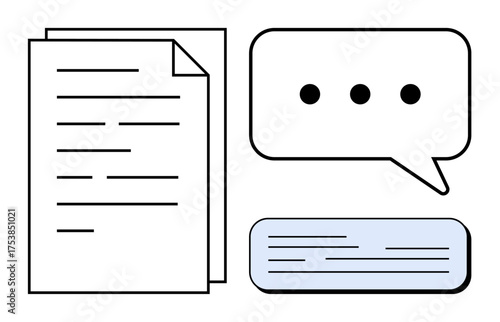 Stack of papers, chat bubble, and digital message symbolizing communication, reading, writing, collaboration, information sharing, work productivity education and messaging. Simple flat metaphor