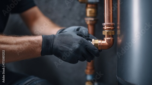 Stunning photo of plumber wearing gloves connects copper pipes with brass fittings.