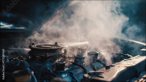 Stunning photo of steam rising from a car engine, indicating an overheating problem.