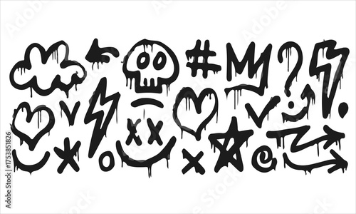Graffiti doodles of skull lightning bolt heart crown and star symbols