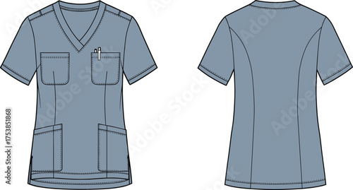 Blue scrub top, medical uniform, nurse apparel, healthcare clothing, short sleeve design, front back view, vector illustration, clinical wear