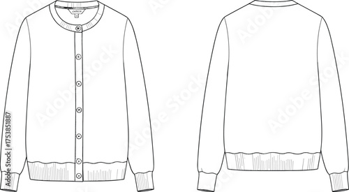 Cardigan sweater technical sketch, fashion flat design, round neckline, button closure, ribbed cuffs and hem, front and back view
