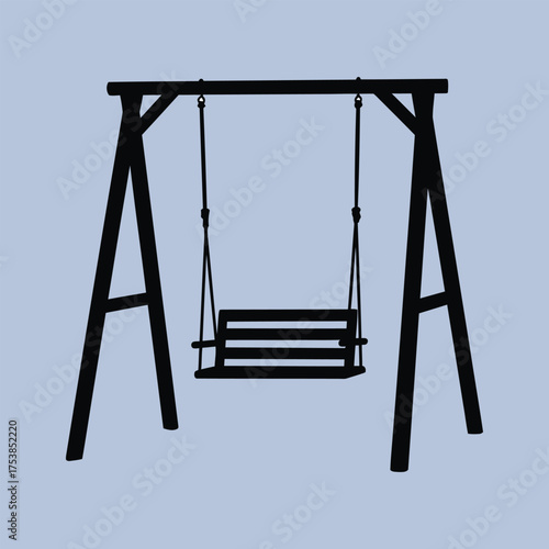 A simple black silhouette of a traditional wooden Aframe garden swing set with a bench seat
