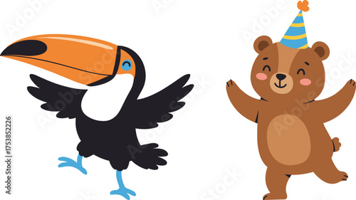 Dancing cartoon bear with party hat, festive toucan with big beak, anthropomorphic animals, celebration theme, cheerful illustration, kids design