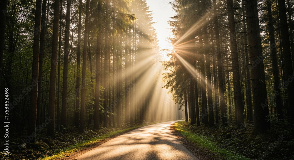 Obraz premium Sunlight streams through the dense canopy of a forest, illuminating a path with ethereal rays, creating a serene and magical atmosphere in the tranquil woods