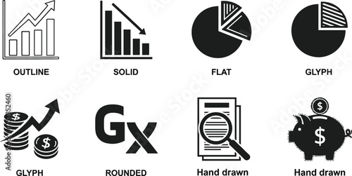 Financial Data Analysis and Business Graph Vector Icons Set, Growth Chart, Piggy Bank, Report, Pie Chart, Money, and Saving Symbol Icons in Various Styles