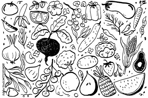 Hand-drawn doodle set of fruits and vegetables