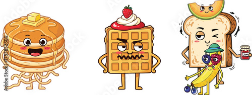 Funny breakfast cartoon characters, cute pancake waffle toast illustration with fruit, banana and jam, adorable food vector art, white background