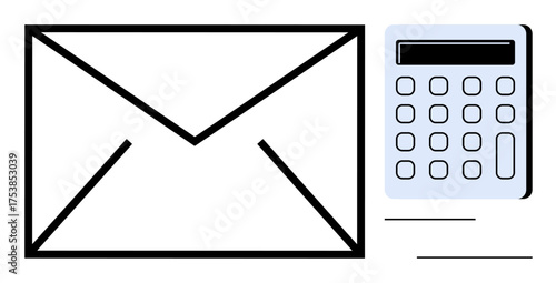 Large envelope next to calculator symbolizing correspondence and computation. Ideal for finance, budgeting, accounting, tax filing, business communication, administrative tasks, simple flat metaphor