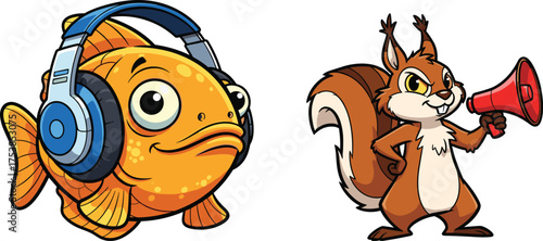 Funny cartoon goldfish wearing headphones listening to music, cute squirrel holding megaphone shouting, animal illustration character design for stock image