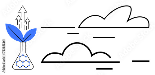 Glass flask with green leaves and upward arrows representing growth beside stylized clouds. Ideal for sustainability, science, innovation, environment, clean energy, climate change, and progress as