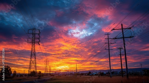 Power lines against a dramatic sunset sky in fiery orange and blue hues. Shows energy infrastructure, power grid, and technological development.