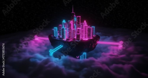Futuristic floating city illuminated by neon lights
