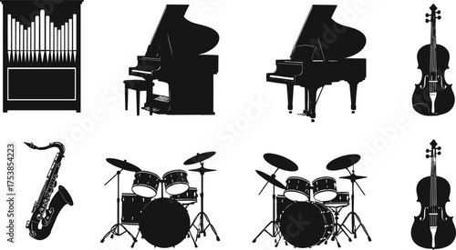 Black silhouette vector of piano, drum, violin, saxophone, organ, music instrument set, classical, jazz, orchestra, illustration, isolated