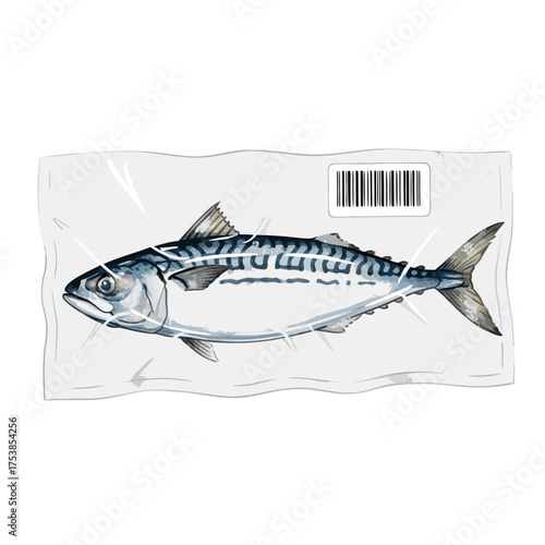 Illustration of a fresh mackerel fish vacuum-sealed in plastic packaging with a barcode sticker, ready for sale or consumption