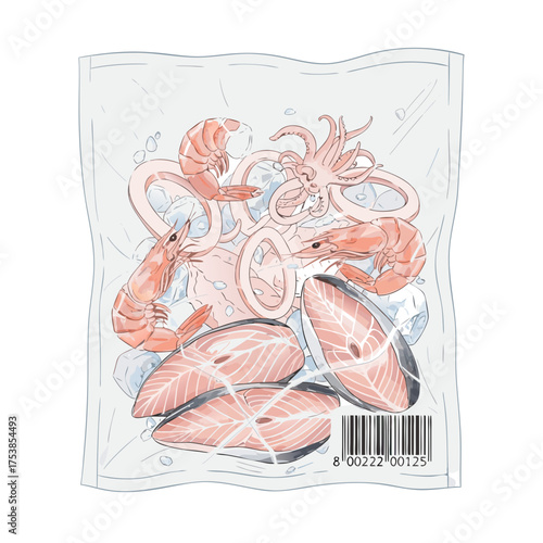 Assortment of Fresh Seafood and Fish Steaks Packed in Ice for Optimal Preservation