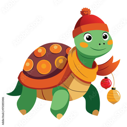 Chirstmas animal Cute happy green turtle cartoon character with shell smiling isolated vector illustration