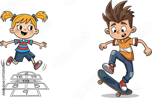 Cute girl playing hopscotch game, happy boy skateboarding with fun energy, cartoon children outdoor activities, childhood sports illustration, playful kids concept