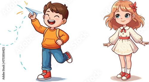 Cute little boy throwing paper airplane, adorable girl standing beside, happy children playing together, childhood fun, cartoon illustration, colorful design