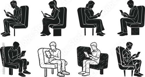 Different style people sitting on chair using smartphone, digital device illustration, mobile technology silhouette, gadget addiction concept, vector drawing design