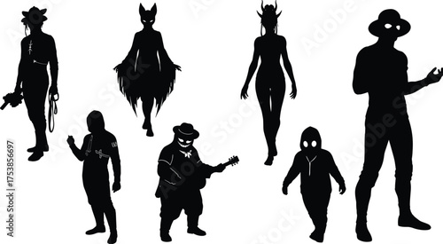 Dark Halloween Spooky Silhouette Set of Mythical Monster Characters Including Bat Demon Cowboy Guitarist and Shadowy Figures for Costume Design and Horror Graphics, Vector Illustration