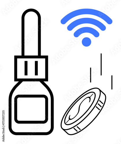 Black and white eye drop bottle, falling contact lens, and blue wireless signal. Ideal for healthcare, technology, innovation, connectivity, vision care digital health modern medicine. A simple