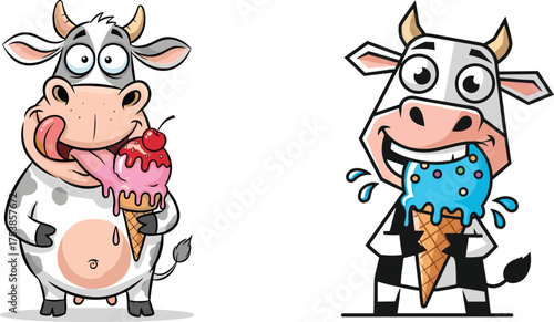 Funny cartoon cow characters enjoying ice cream, cute dairy mascot design, 3D vector illustration, summer dessert concept, isolated white background