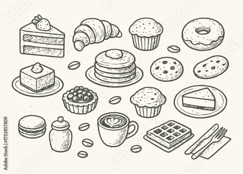 Cafe Desserts Hand Drawn Vector Set Black and White Artisan Pastry Sketch Illustration
