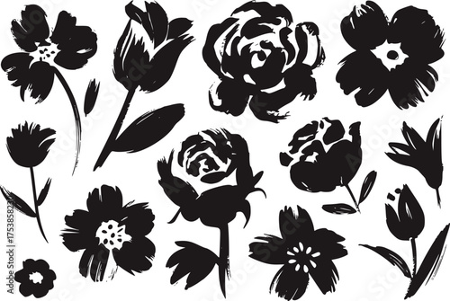 Black ink floral illustrations with brush stroke effect black and white