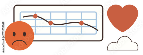 Line graph showing downward trend with sad face, heart, and cloud metaphors. Ideal for emotions, health, performance analysis, motivation, challenges loss mental well-being. Simple flat metaphor