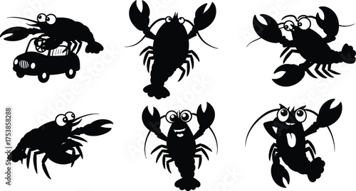 Funny cartoon lobster silhouettes, cute crayfish characters illustration, black seafood mascot design, playful crustacean vector art, isolated on white background