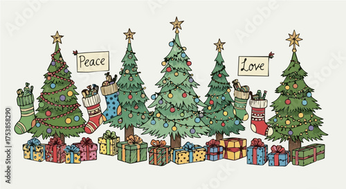 Festive Cheer: A joyful Christmas scene unfolds with adorned fir trees, gifts, and stockings, set against a backdrop of peace and love.  