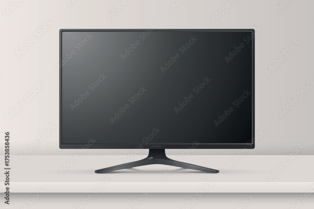 Fototapeta premium Vector 3d Realistic Monitor or TV On Desk. Front View Minimal Display. Blank Black Screen, Monitor Mockup. Clean TV Screen, LCD LED Display Design Template, Front View