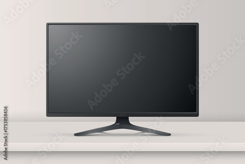 Vector 3d Realistic Monitor or TV On Desk. Front View Minimal Display. Blank Black Screen, Monitor Mockup. Clean TV Screen, LCD LED Display Design Template, Front View