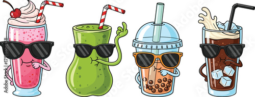 Funny cartoon milkshake smoothie bubble tea and iced coffee characters, cute cool drinks illustration, happy summer beverage mascot vector, white background