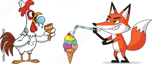 Funny cartoon rooster eating ice cream, sneaky fox drinking colorful ice cream cone with straw, humorous animal character vector illustration
