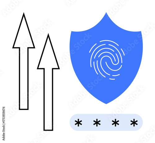 Shield with fingerprint, upward arrows, and password entry. Ideal for security, innovation, technology, privacy, trust authentication online protection. Clean and simple flat metaphor